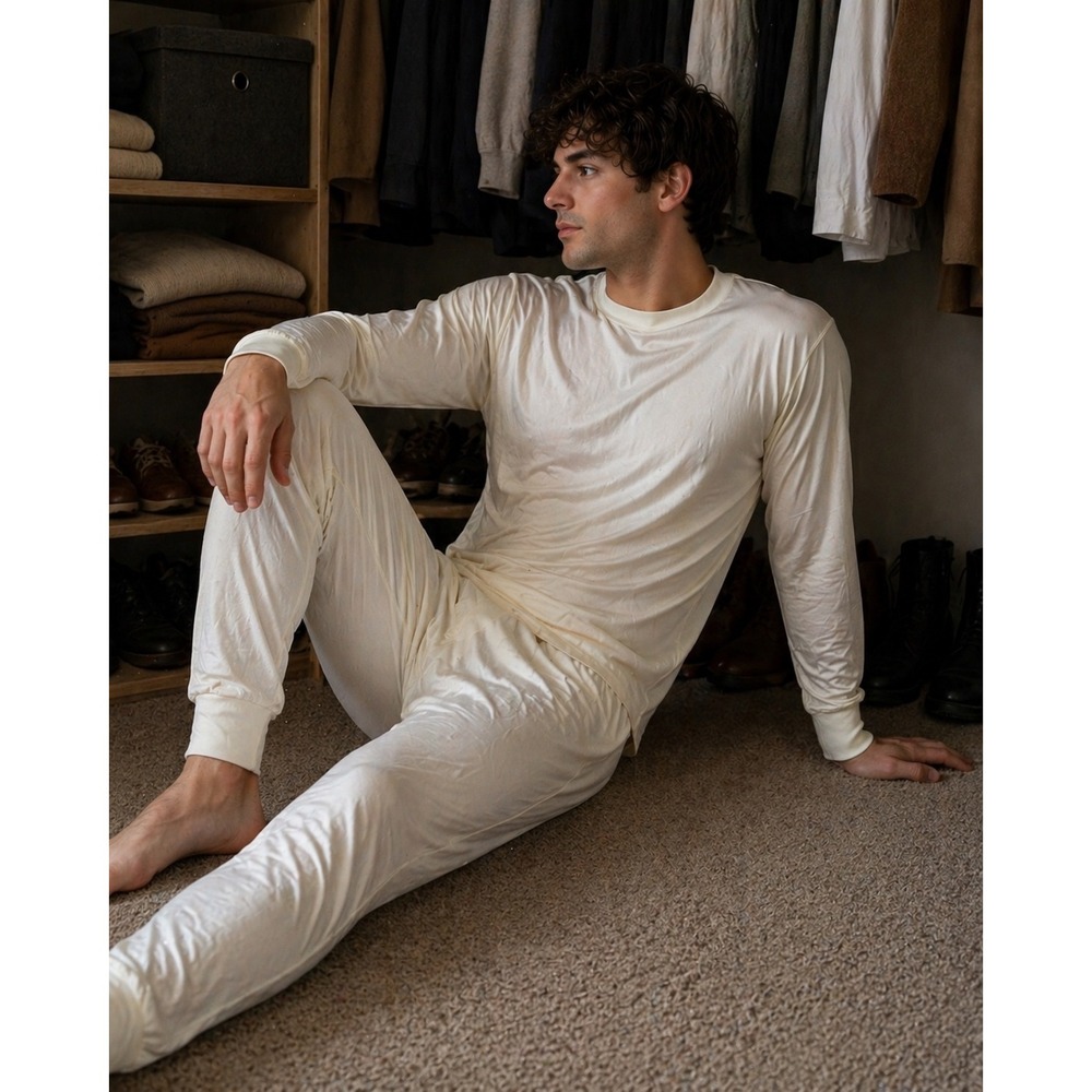 Terramar Thermasilk Long‎ Johns Men Large Ivory 100% Pure Silk Base L/XL